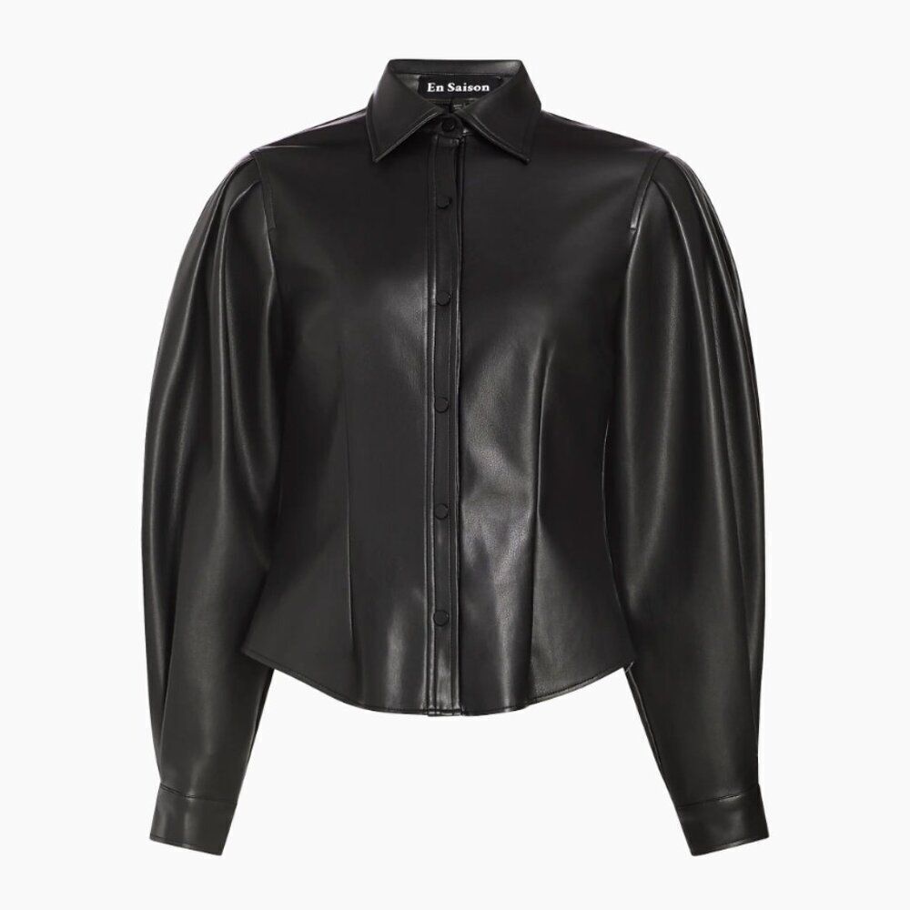 En Saison Dawn Faux Black Leather Snap Front Shirt NWT